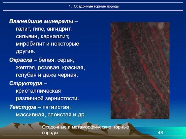 Осадочные и метаморфические горные породы Важнейшие минералы – галит, гипс,