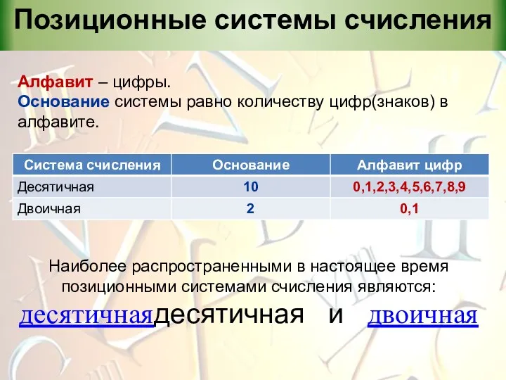 Позиционные системы счисления Алфавит – цифры. Основание системы равно количеству цифр(знаков) в алфавите.