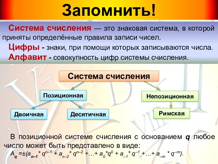 Запомнить! Непозиционная В позиционной системе счисления с основанием q любое число может быть