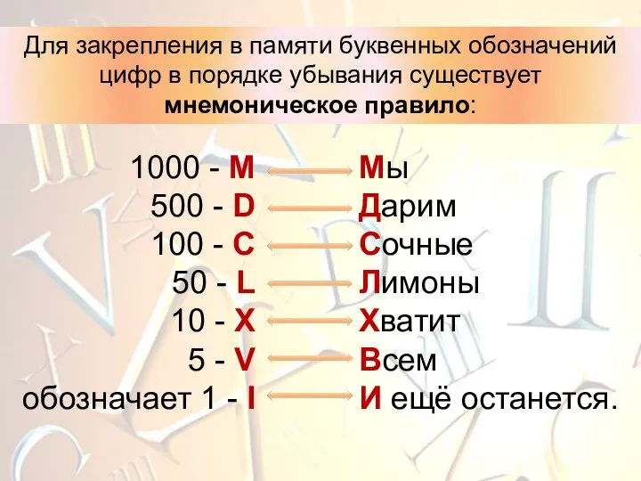 Для закрепления в памяти буквенных обозначений цифр в порядке убывания существует мнемоническое правило: