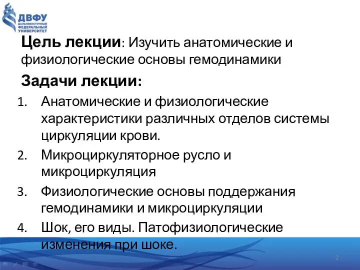 Цель лекции: Изучить анатомические и физиологические основы гемодинамики Задачи лекции: