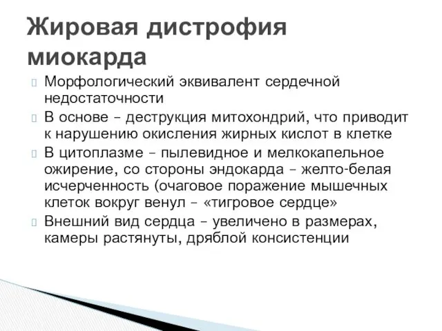 Морфологический эквивалент сердечной недостаточности В основе – деструкция митохондрий, что