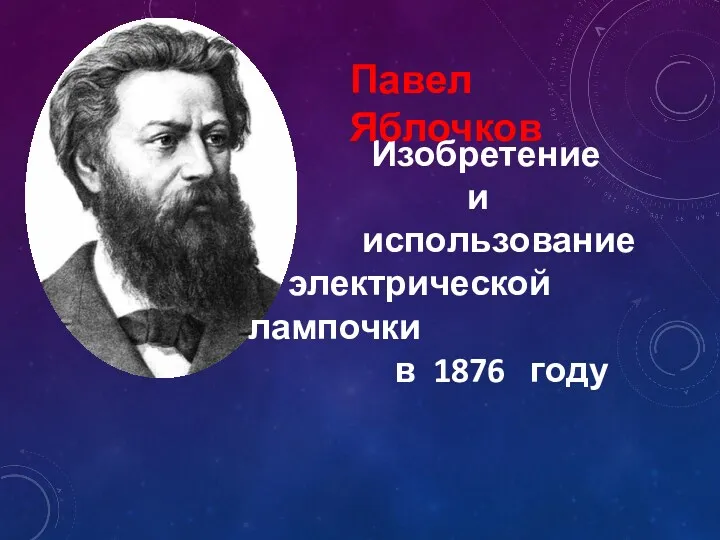 Изобретение и использование электрической лампочки в 1876 году Павел Яблочков