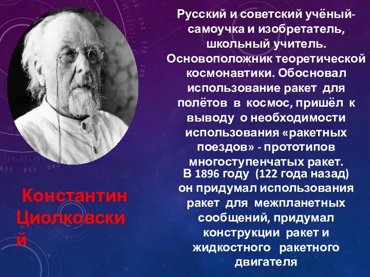 Константин Циолковский Русский и советский учёный-самоучка и изобретатель, школьный учитель. Основоположник теоретической космонавтики.