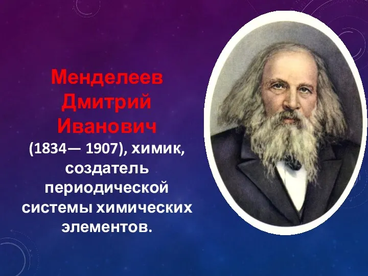 Менделеев Дмитрий Иванович (1834— 1907), химик, создатель периодической системы химических элементов.