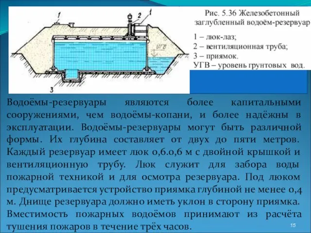 Водоёмы-резервуары являются более капитальными сооружениями, чем водоёмы-кoпани, и более надёжны в эксплуатации. Водоёмы-резервуары