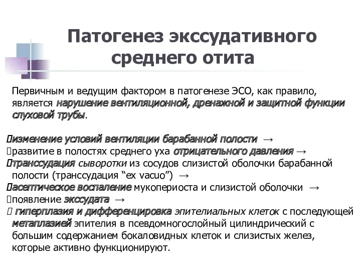 Первичным и ведущим фактором в патогенезе ЭСО, как правило, является нарушение вентиляционной, дренажной