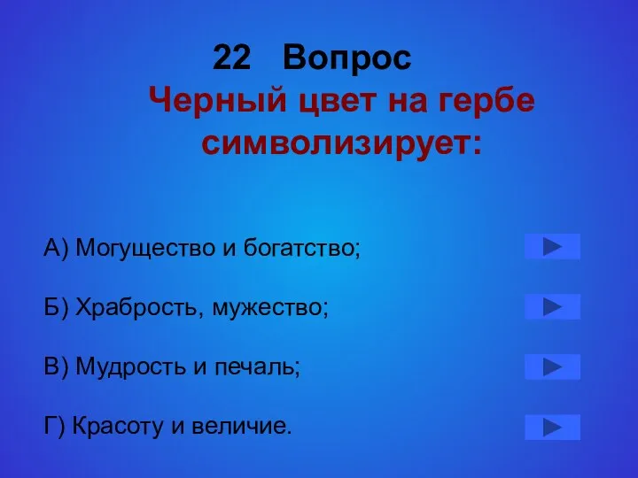 22 Вопрос Черный цвет на гербе символизирует: А) Могущество и