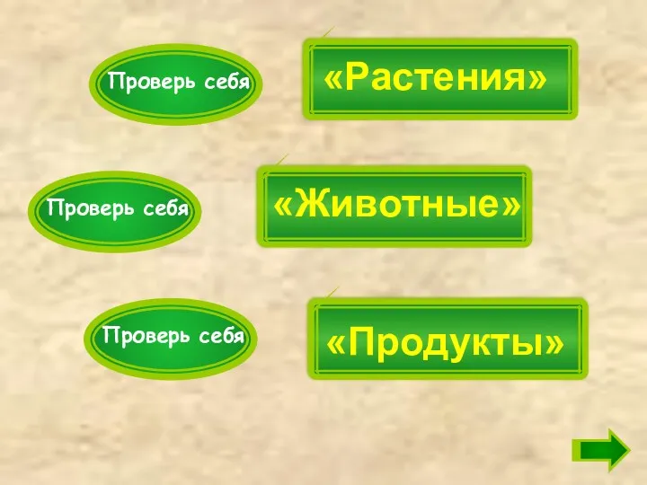 «Растения» «Животные» «Продукты» Проверь себя Проверь себя Проверь себя