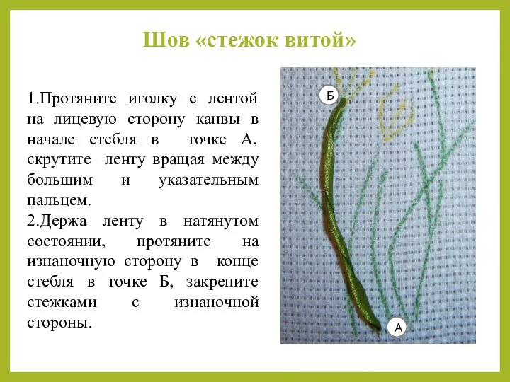 1.Протяните иголку с лентой на лицевую сторону канвы в начале