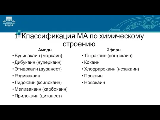 1. Классификация МА по химическому строению Амиды Бупивакаин (маркаин) Дибукаин