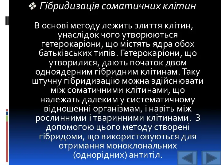 Гібридизація соматичних клітин В основі методу лежить злиття клітин, унаслідок