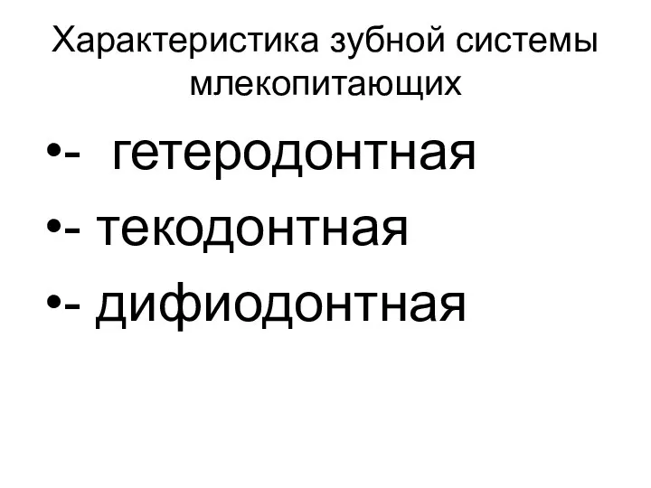 - гетеродонтная - текодонтная - дифиодонтная Характеристика зубной системы млекопитающих