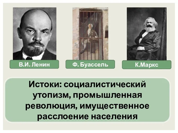 Истоки: социалистический утопизм, промышленная революция, имущественное расслоение населения К.Маркс Ф. Буассель В.И. Ленин