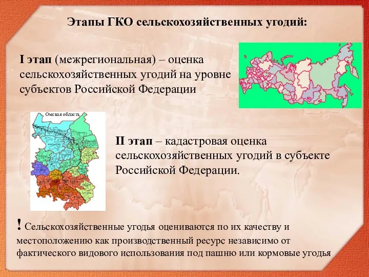 II этап – кадастровая оценка сельскохозяйственных угодий в субъекте Российской