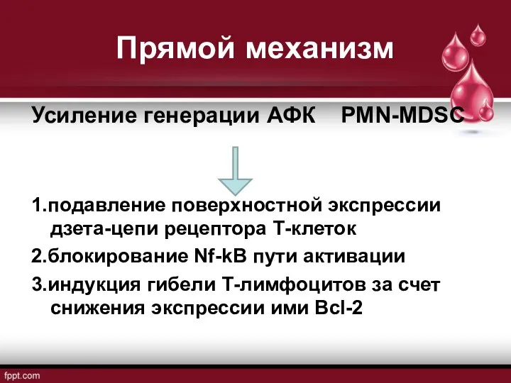 Прямой механизм Усиление генерации АФК РМN-MDSC 1.подавление поверхностной экспрессии дзета-цепи