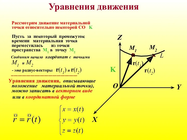 Уравнения движения Рассмотрим движение материальной точки относительно некоторой СО K