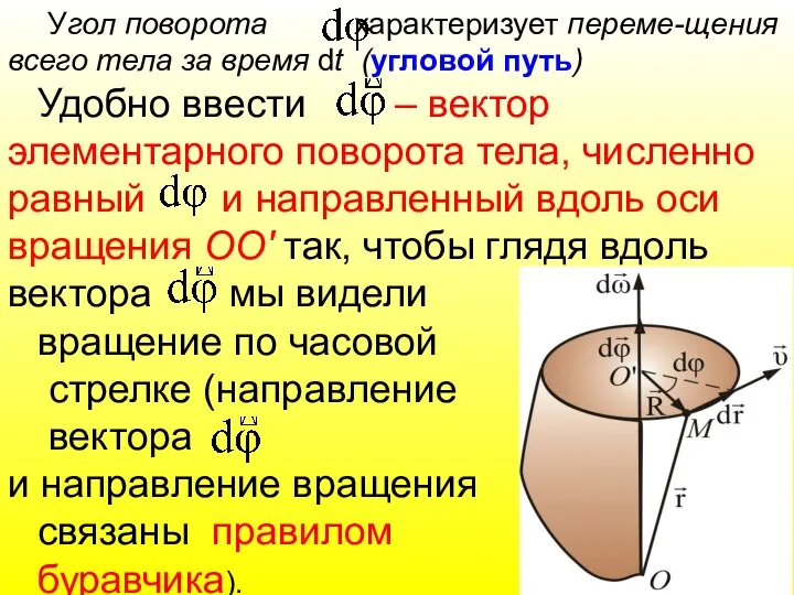 Угол поворота характеризует переме-щения всего тела за время dt (угловой