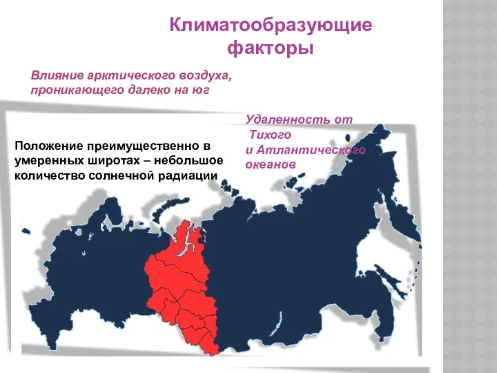 Положение преимущественно в умеренных широтах – небольшое количество солнечной радиации