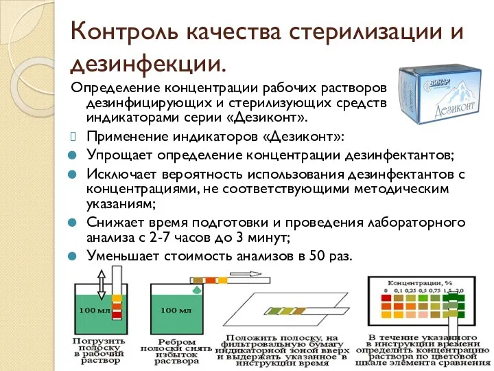 Контроль качества стерилизации и дезинфекции. Определение концентрации рабочих растворов дезинфицирующих и стерилизующих средств