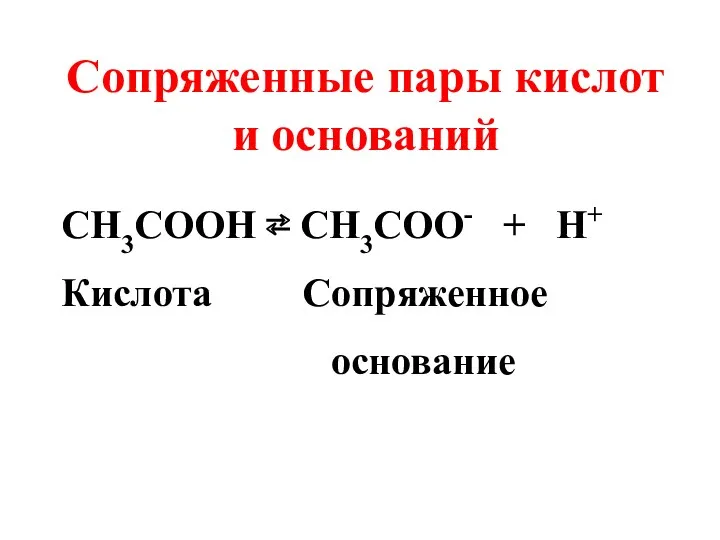 Cопряженные пары кислот и оснований СH3COOH ⇄ CH3COO- + H+ Кислота Сопряженное основание