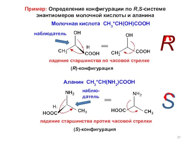 (R)-конфигурация Молочная кислота СH3*CH(OH)COOH Аланин СH3*CH(NH2)COOH (S)-конфигурация R S Пример: