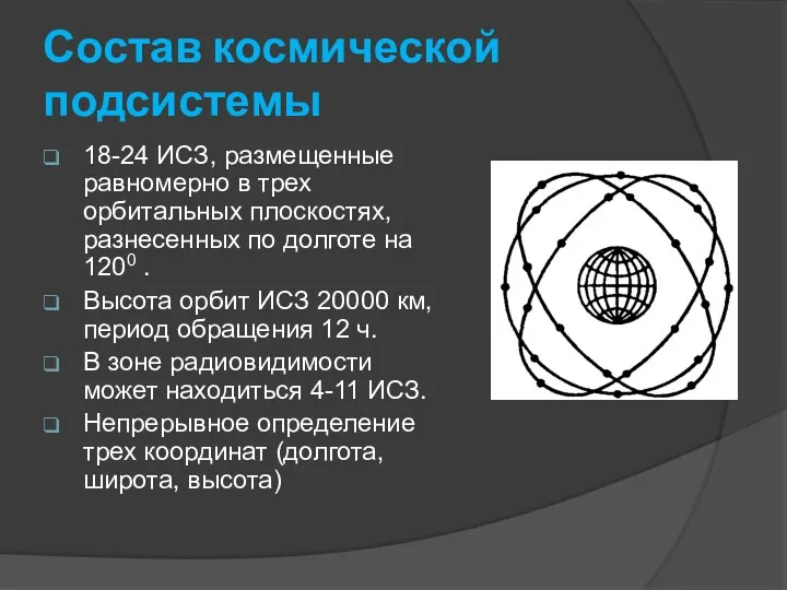 Состав космической подсистемы 18-24 ИСЗ, размещенные равномерно в трех орбитальных