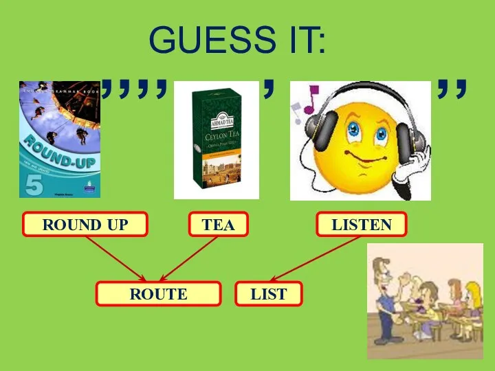 GUESS IT: , ,, ,,,, ROUND UP TEA LISTEN ROUTE LIST