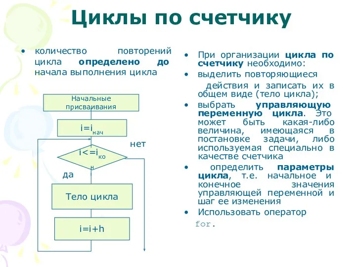 Циклы по счетчику количество повторений цикла определено до начала выполнения