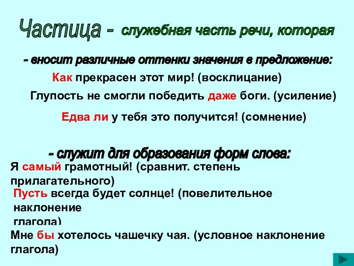 Частица - служебная часть речи, которая - вносит различные оттенки