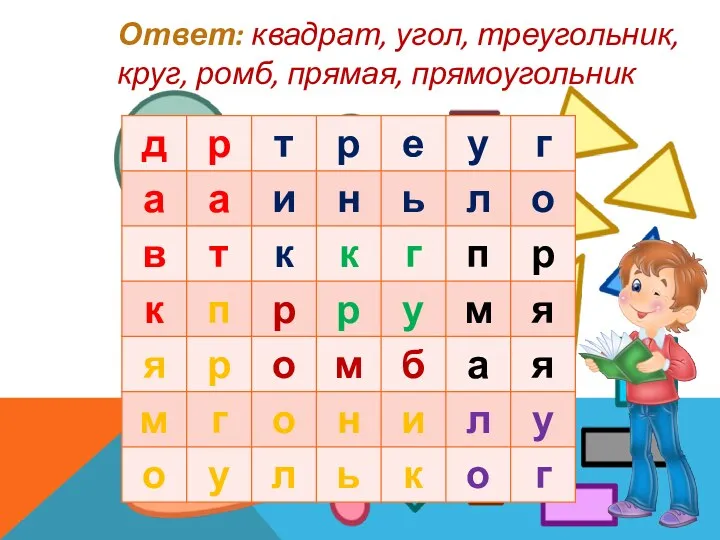 Ответ: квадрат, угол, треугольник, круг, ромб, прямая, прямоугольник