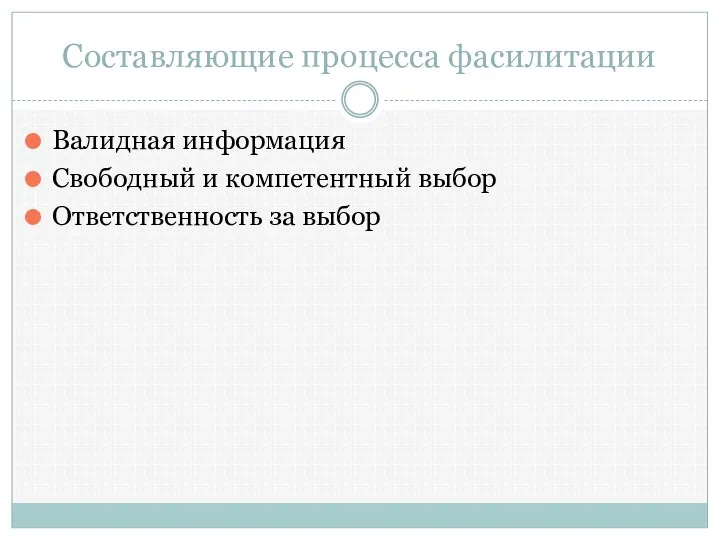 Составляющие процесса фасилитации Валидная информация Свободный и компетентный выбор Ответственность за выбор