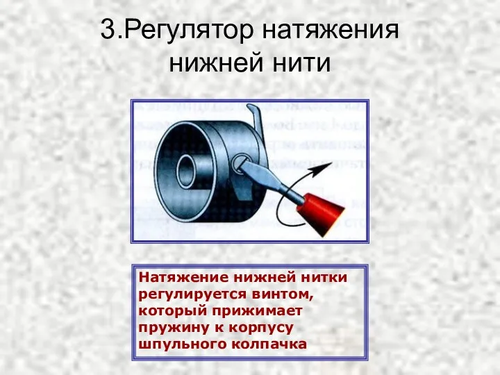 3.Регулятор натяжения нижней нити Натяжение нижней нитки регулируется винтом, который прижимает пружину к корпусу шпульного колпачка