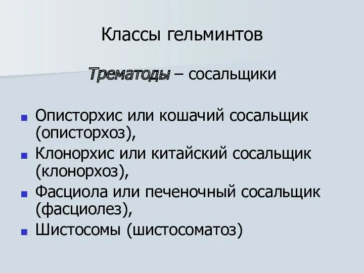 Классы гельминтов Трематоды – сосальщики Описторхиc или кошачий сосальщик (описторхоз),