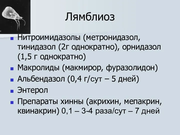 Лямблиоз Нитроимидазолы (метронидазол, тинидазол (2г однократно), орнидазол (1,5 г однократно)