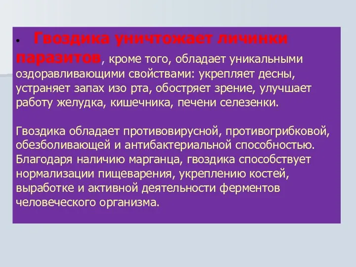 • Гвоздика уничтожает личинки паразитов, кроме того, обладает уникальными оздоравливающими