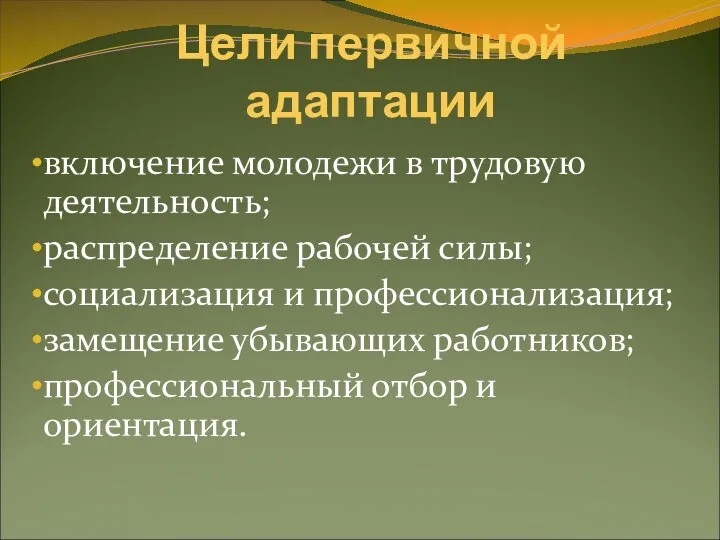 Цели первичной адаптации включение молодежи в трудовую деятельность; распределение рабочей