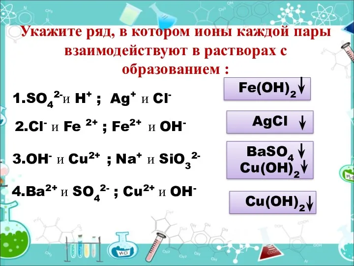 1.SO42-и H+ ; Ag+ и Cl- 2.Cl- и Fe 2+