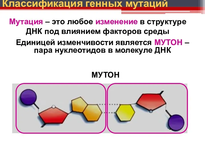 Классификация генных мутаций Мутация – это любое изменение в структуре