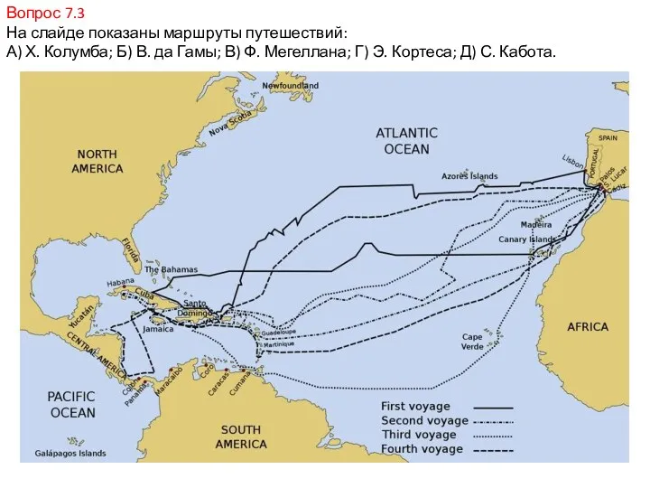 Вопрос 7.3 На слайде показаны маршруты путешествий: А) Х. Колумба; Б) В. да