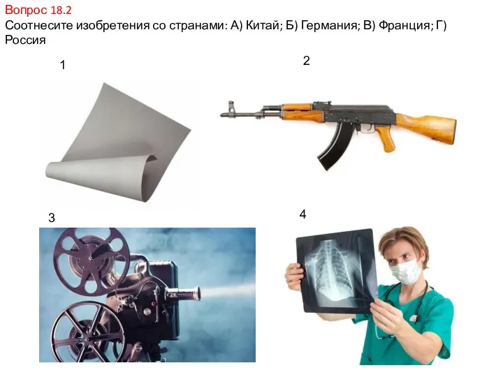 Вопрос 18.2 Соотнесите изобретения со странами: А) Китай; Б) Германия; В) Франция; Г)