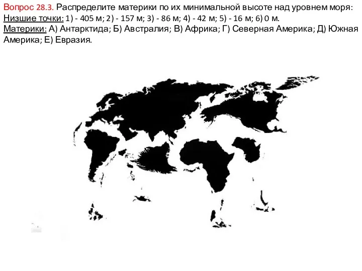 Вопрос 28.3. Распределите материки по их минимальной высоте над уровнем моря: Низшие точки: