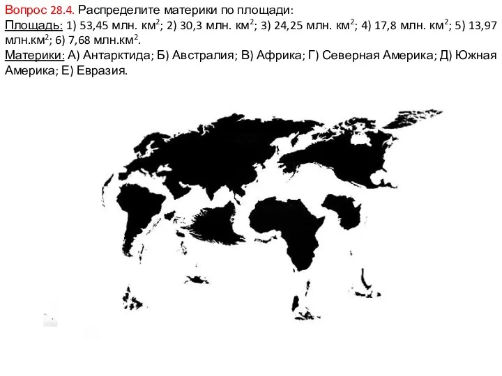 Вопрос 28.4. Распределите материки по площади: Площадь: 1) 53,45 млн. км2; 2) 30,3