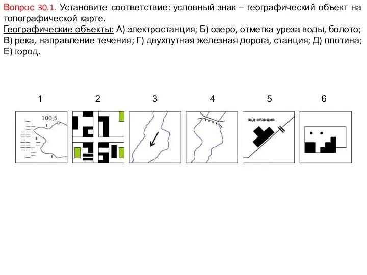 Вопрос 30.1. Установите соответствие: условный знак – географический объект на топографической карте. Географические