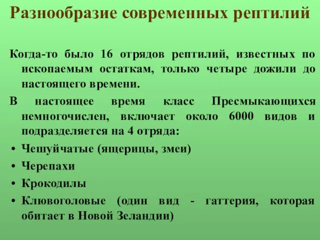 Разнообразие современных рептилий Когда-то было 16 отрядов рептилий, известных по ископаемым остаткам, только