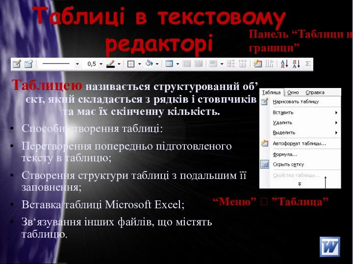 Таблиці в текстовому редакторі Таблицею називається структурований об’єкт, який складається