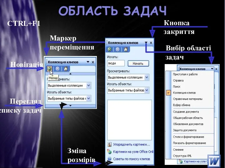 ОБЛАСТЬ ЗАДАЧ Вибір області задач Маркер переміщення Зміна розмірів Новігація Кнопка закриття Перегляд списку задач CTRL+F1