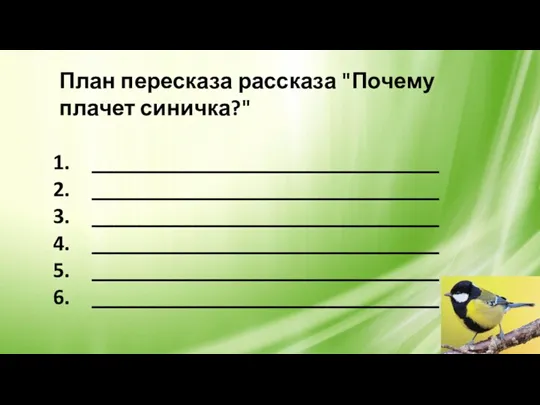 План пересказа рассказа "Почему плачет синичка?" _______________________________ _______________________________ _______________________________ _______________________________ _______________________________ _______________________________