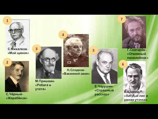 Н.Сладков- «Весенний звон» В.Бианки- «Хитрый лис и умная уточка» С.Чёрный-