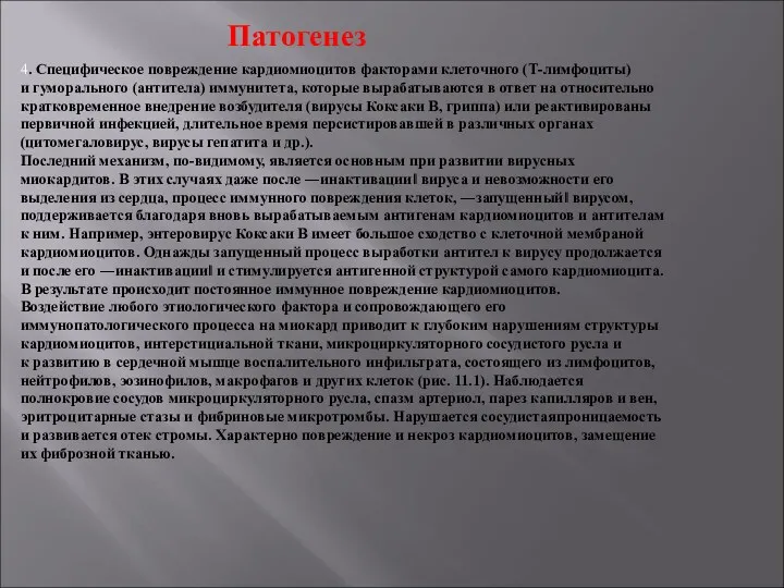 4. Специфическое повреждение кардиомиоцитов факторами клеточного (Т-лимфоциты) и гуморального (антитела) иммунитета, которые вырабатываются